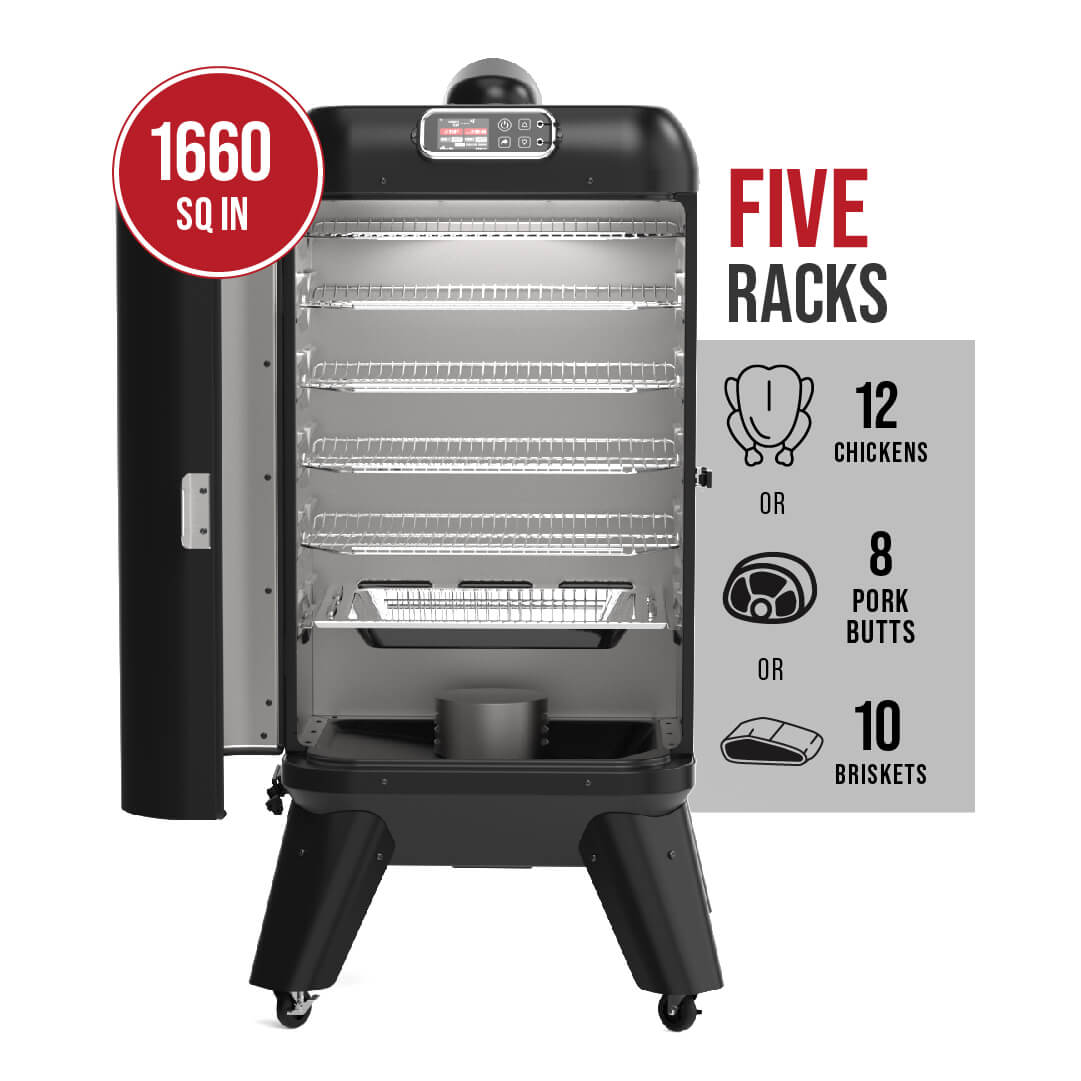 Capacity of the new grilla mammoth vertical pellet smoker. "Five racks" = 12 chickens, or 8 pork butts, or 10 briskets all smoke perfectly in the new grilla mammoth vertical pellet smoker